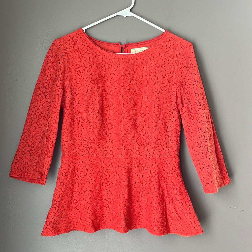 Anthropologie Moulinette Soeurs Coral Floral Lace Cotton Peplum Blouse